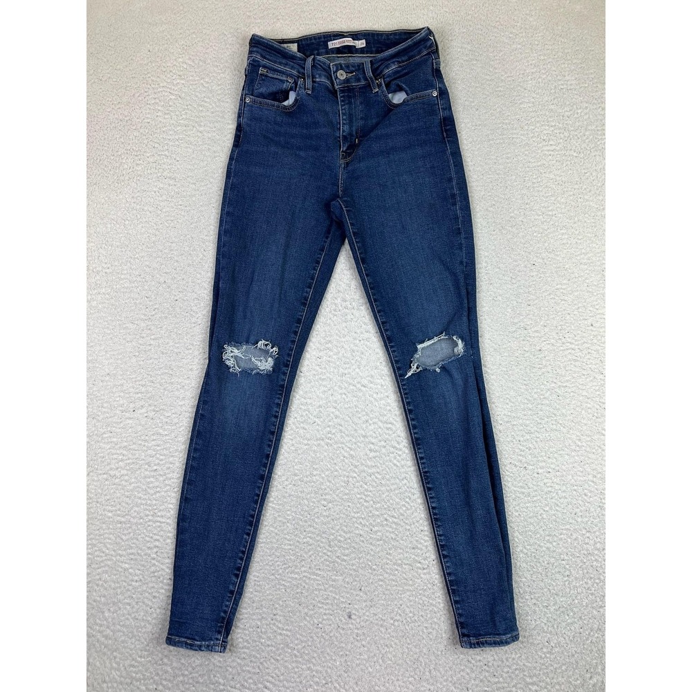 Levis Premium 721 High Rise Skinny Jeans Womens 26x29 Blue Distressed Denim